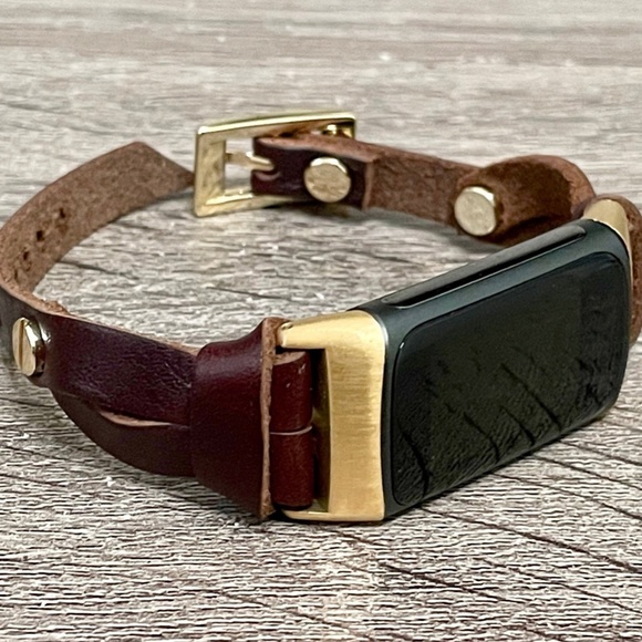 Dark Brown Slim Leather Strap Gold Fitbit Charge 5 Band Women Delicate Bracelet - Picture 7 of 8